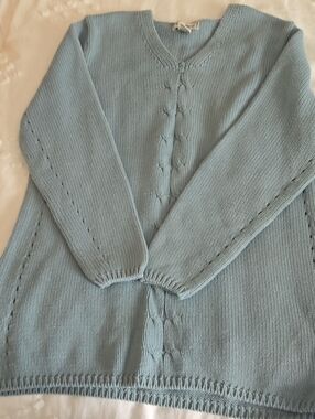 L.L. Bean Light Blue V-Neck Cotton Cable Knit Sweater. Size Medium.